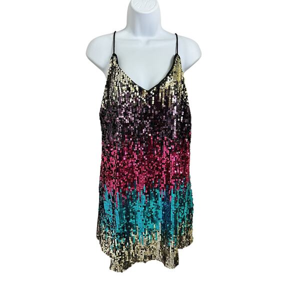 Colorful Sequin Party Mini Dress Sz M Sleeveless V-Neck Prom Discocore Y2K - Picture 2 of 5